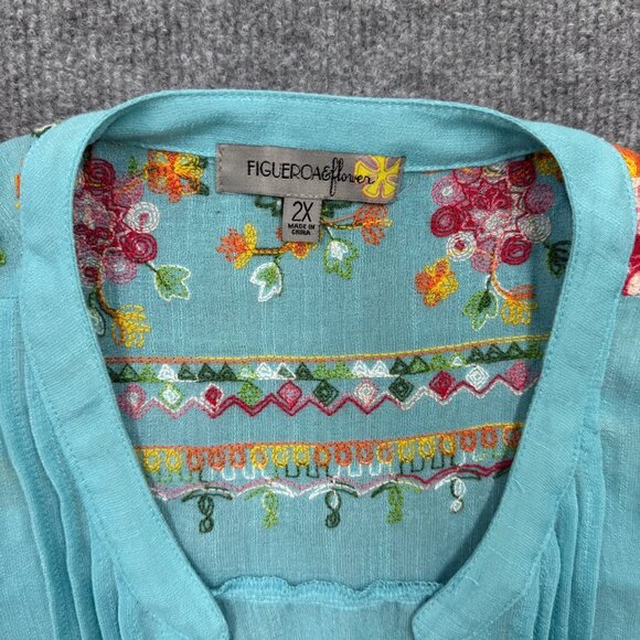 Fig & Flower Turquoise Floral Embroidered Peasant Tunic Top Boho Plus Size 2X - Picture 8 of 10